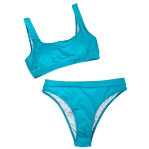Womens Med Aqua High-Waisted High Cut Bikini Set Sporty Fully Lined Beach
